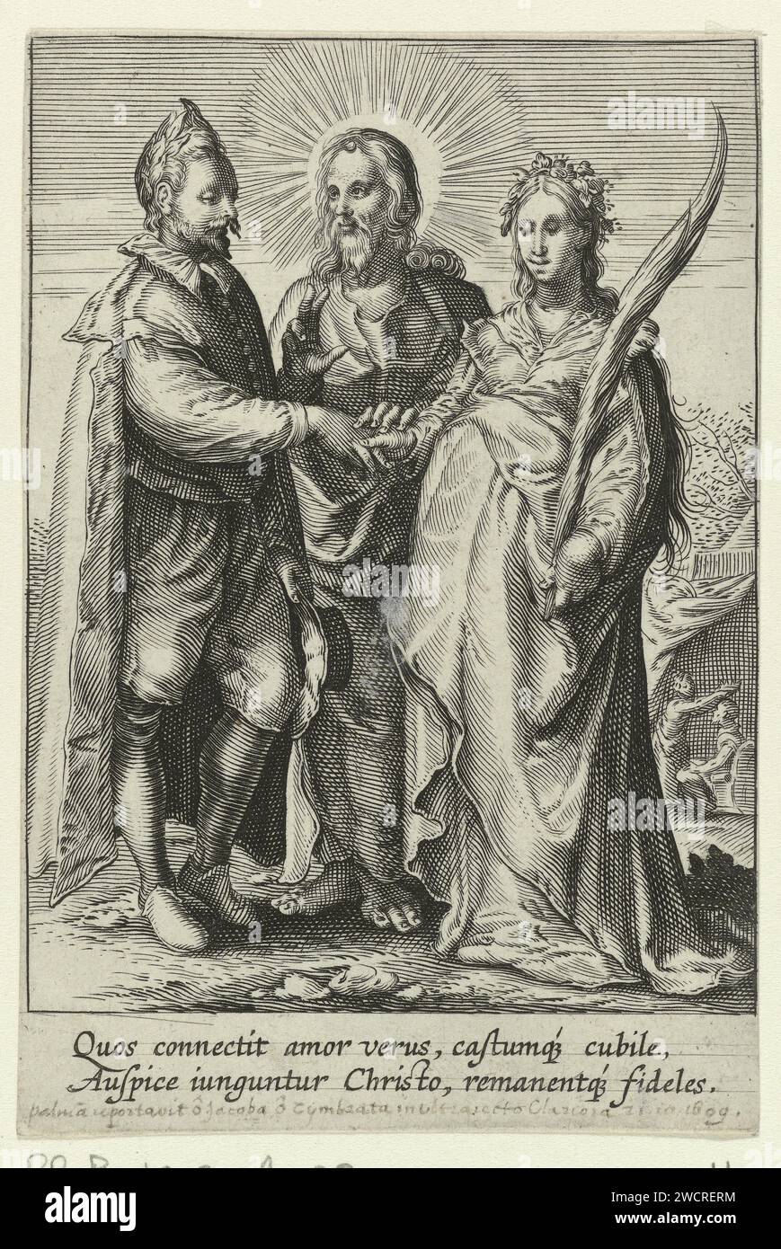 Heirat aus spiritueller Liebe geschlossen von Christus, Anonym, nach Jan Saenredam, nach Hendrick Goltzius, 1575 - 1657 Druck Christus verbindet einen Mann und eine Frau, die spirituelle Liebe als Paar symbolisiert, im wirklichen Leben. Nordholland Papierstich (zivile) Trauungen. (Personifizierungen und symbolische Darstellungen) Qualitäten der Liebe. Liebe zu Gott; „Amore verso Iddio“ (Ripa) Stockfoto