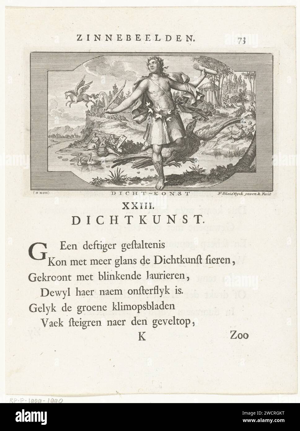 Emblem mit Allegorie auf Poesie, Francois van Bleyswijck, 1737 Druck Emblem mit Allegorie auf Poesie zeigt als Mann mit Papierrolle und Stift und Lorbeerkranz auf dem Kopf. Der Adler veranschaulicht den Flug, den der Dichter dem Dichter nehmen kann, gemäß dem Gedicht unter der Aufführung. In der Landschaft befinden sich die Musen auf dem Parnassus und Apollo spielt auf seiner Harfe, während Pegasus vorbeifliegt. Das Gedicht wird auf der Verso fortgesetzt. Leiden Papier mit symbolischen Darstellungen, Allegorien und Emblemen  Poesie; 'Poesia' (Ripa). Raubvögel: adler. Parnassus, heilig für Apollo Musagetes. Apollo und die Musen, Stockfoto