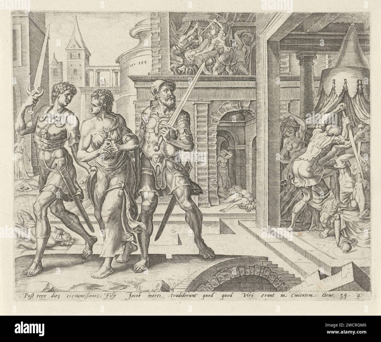 Simeon und Levi nehmen Dina nach Hause, Harmen Jansz Muller, nachdem Maarten van Heemskerck, 1579–1585 Druck Simeon und Levi ihre Schwester Dina nach Hause nehmen, nachdem sie sich in SiChem rächen, die ihre Schwester beschrieben hatte. Im Hintergrund waren die SiChem-Brüder und seine Männer, die nach ihrer Beschneidung fieberhaft waren und sich nicht wehren konnten. Am unteren Rand ist ein lateinischer Hinweis auf den Bibeltext in Gen. 34. Printmacher: Amsterdamverleger: Antwerpener Papierstich Simeon und Levi töten alle Schechemiten und bringen Dinah nach Hause, während die anderen Brüder die Stadt plündern Stockfoto