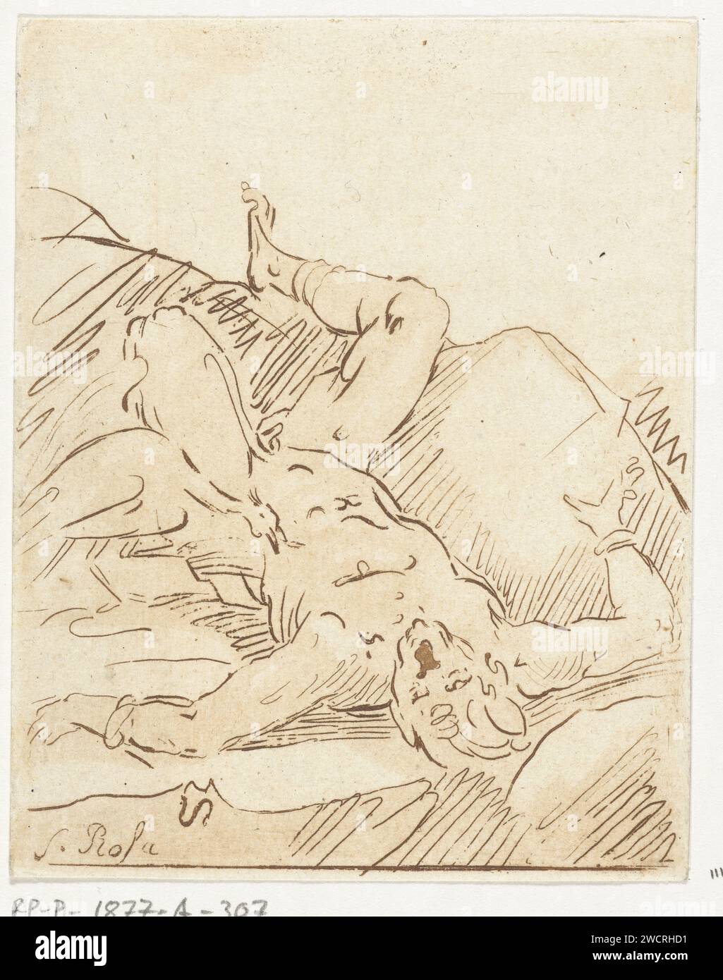 Prometheus angekettet, Anthonie van den Bos, nach Salvator Rosa, 1778–1838 Druck Prometheus ist an einen Felsen gekettet und ein Adler nimmt seine Leber auf. Prometheus erhielt diese Strafe von Jupiter, weil er das Feuer gestohlen und dem Volk gegeben hatte. Niederländisches Papier, das einen Adler ätzt, Tränen an Prometheus' Leber Stockfoto