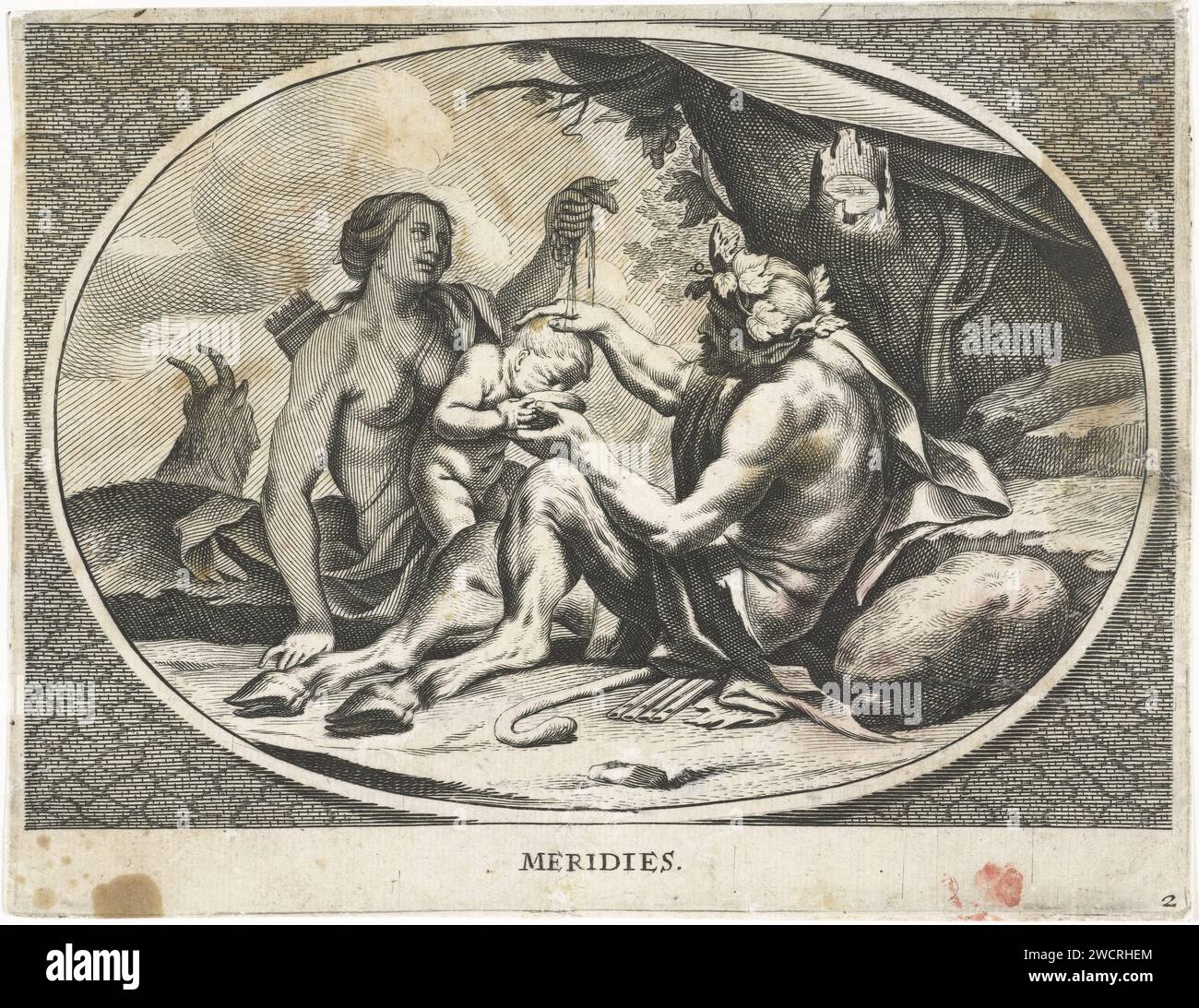 Sater und Nymphe mit Kind, das Traubensaft von KOM trinkt, Cornelis van Dalen (II), nach Charles Le Brun, 1648 - 1664 Druck Amsterdam Papierstich Satyr(s) (allgemein). Nymphen (allgemein); „Ninfe in commune“ (Ripa) Stockfoto