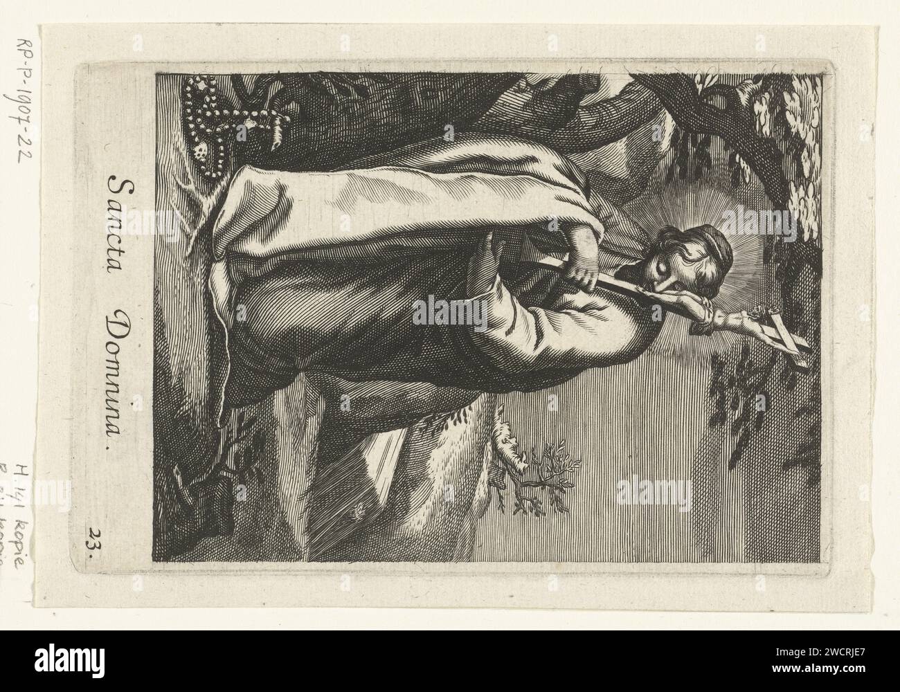 Heilige Domnina von Syrien als Einsiedler, anonym, nach Boëtius Adamsz. Bolswert, nach Abraham Bloemaert, 1590–1662 Druckpapier mit Stich weiblicher Heiliger. anchorit, Einsiedler Stockfoto