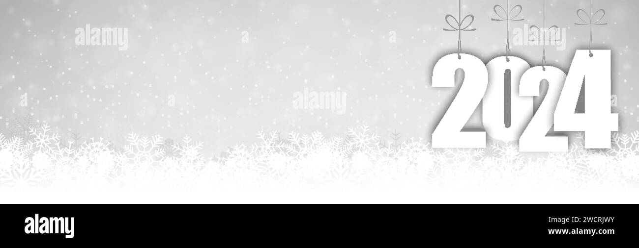 EPS 10 Panorama-Banner Hintergrund mit Schneefall, Lichteffekten und Grüßen für weihnachten und Neujahr 2024 Stock Vektor