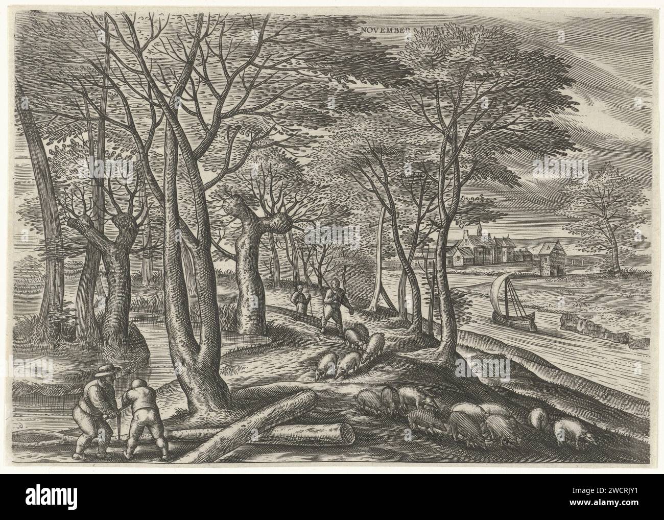 November, Julius Goltzius, nach Gillis Mostaert (I), ca. 1560 - 1595 Druck Herbstlandschaft mit Herbstszenen. November ist der Idiot und Schlachten Monat. Im Vordergrund links sahen zwei Bauern einen Baum in zwei. In der Mitte ein Hirte, der seine Schweine durch den Wald treibt, auf der Suche nach Eicheln für die Tiere. Teil einer Serie von zwölf Monaten, in der jeder Monat mit den menschlichen Aktivitäten und ihren klimatischen Eigenschaften dargestellt wird, die für sie typisch sind. Antwerpener Papierstich November und seine „Arbeiten“. Schweine in den Wald zu treiben, um Eicheln zu essen. Sägen (industrielles Verfahren) Stockfoto