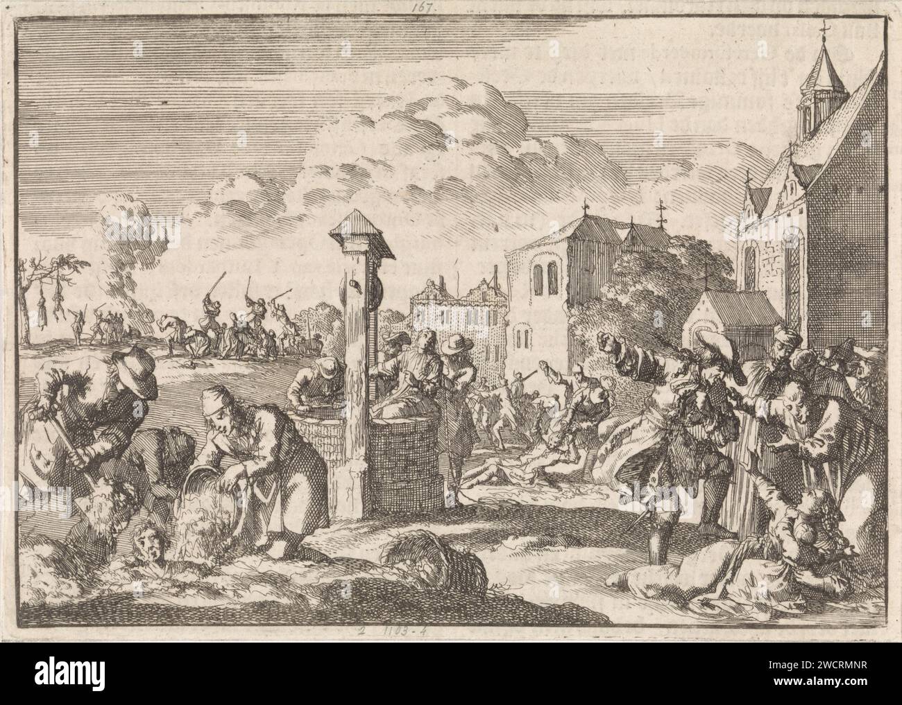 Verfolgung von Protestanten durch Marsaut in Niort, 1682, Jan Luyken, 1698 Druckerei: Amsterdampublisher: Leiden Papierätzung / Buchdruck Verfolgung von Gläubigen Niort Stockfoto