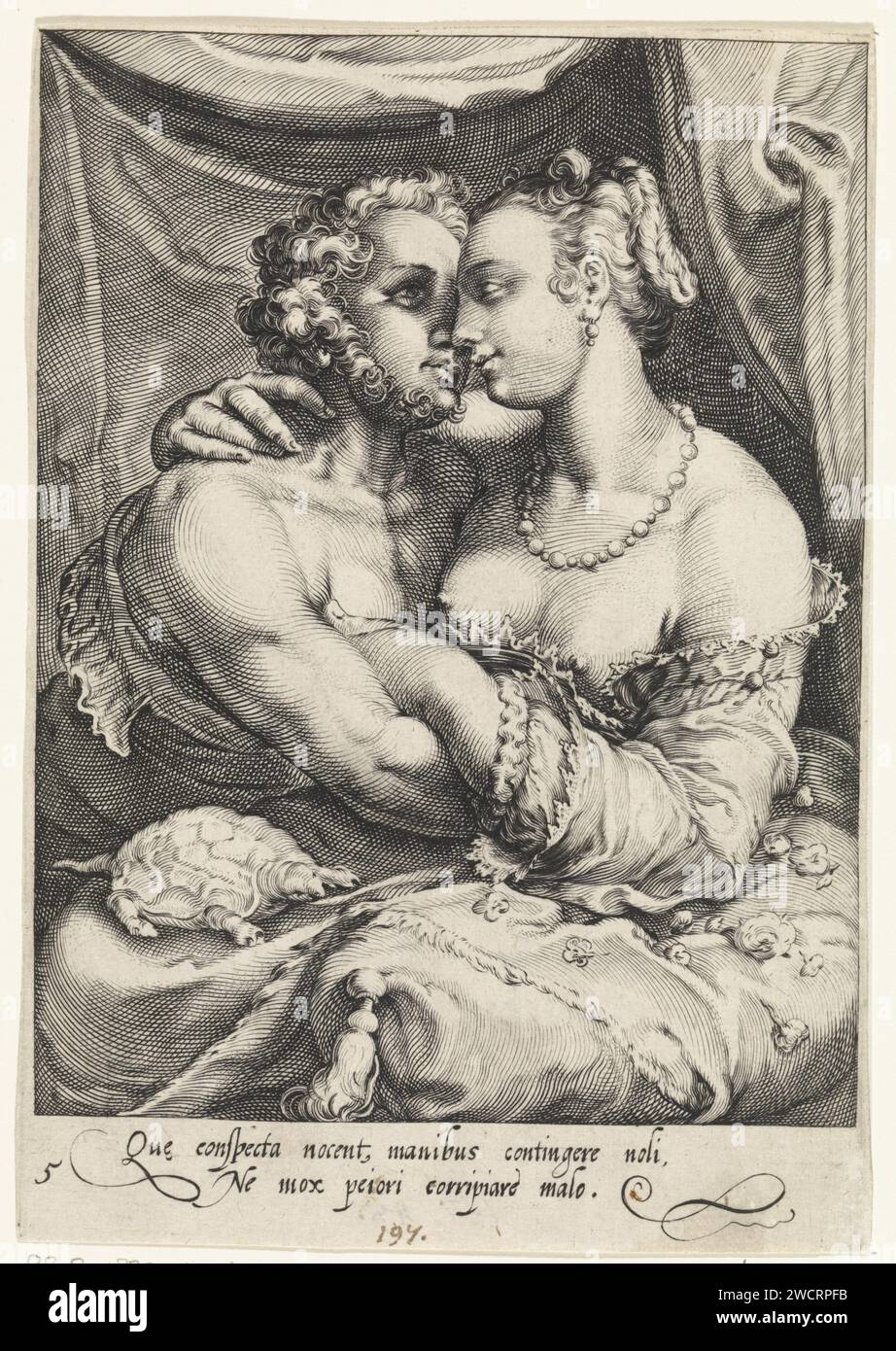 Das Gefühl, Anonym, nach Jan Saenredam, nach Hendrick Goltzius, 1575 - 1657 drucken die weibliche Personifikation des Gefühls in enger Umarmung mit einem jungen Mann. Nordholländische Papiergravur (einer der fünf Sinne). Einander umarmen, küssen Stockfoto