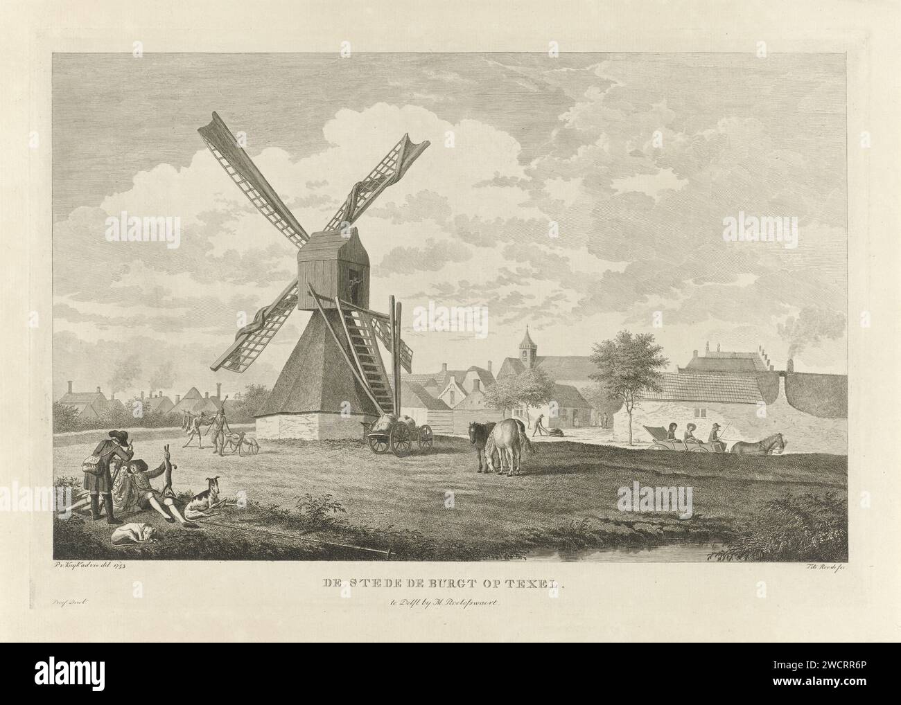 Blick auf den Burg auf Texel, Theodorus de Roode, nach Pieter Jan van Cuyck, 1789 - 1800 Print Blick auf die Stadt den Burg auf Texel, mit einer Mühle auf der linken Seite. Im Vordergrund eine Gruppe von Jägern mit Jagdtrophäe und Hunden. Drucker: RotterdamVerlag: Delfter Papierätzwindmühle. jäger. Beute von Jagd, Wild, Wild den Burg (Texel) Stockfoto