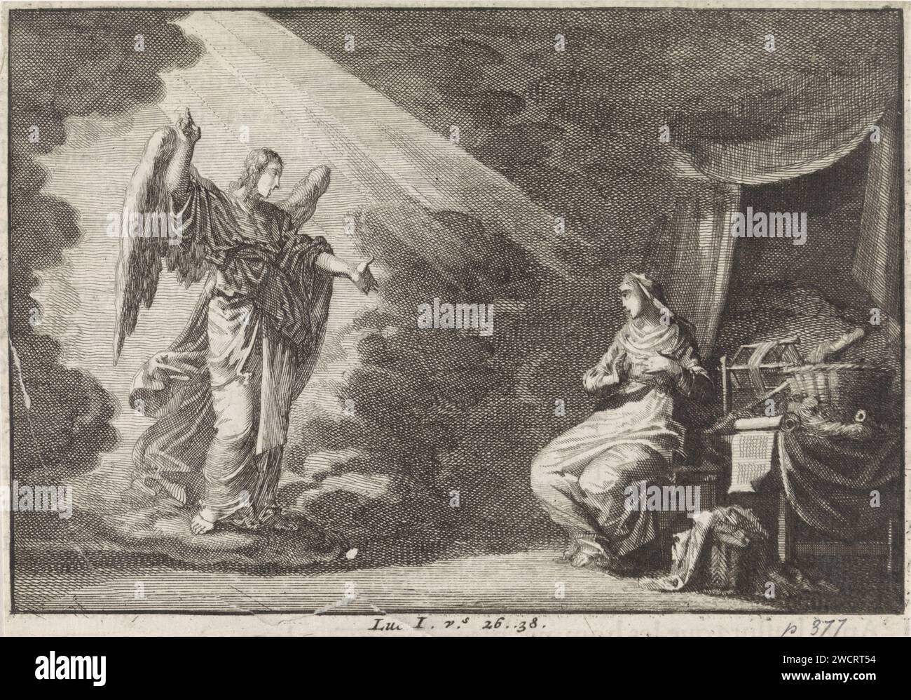 Verkündigung, Jan Luyken, 1703 - 1762 Print Maker: Haarlem Verlag: Amsterdam Papier Radieren / Buchdruck die Verkündigung: Mary, die normalerweise liest, wird vom Engel besucht (manchmal hört eine Frau das Gespräch) Stockfoto