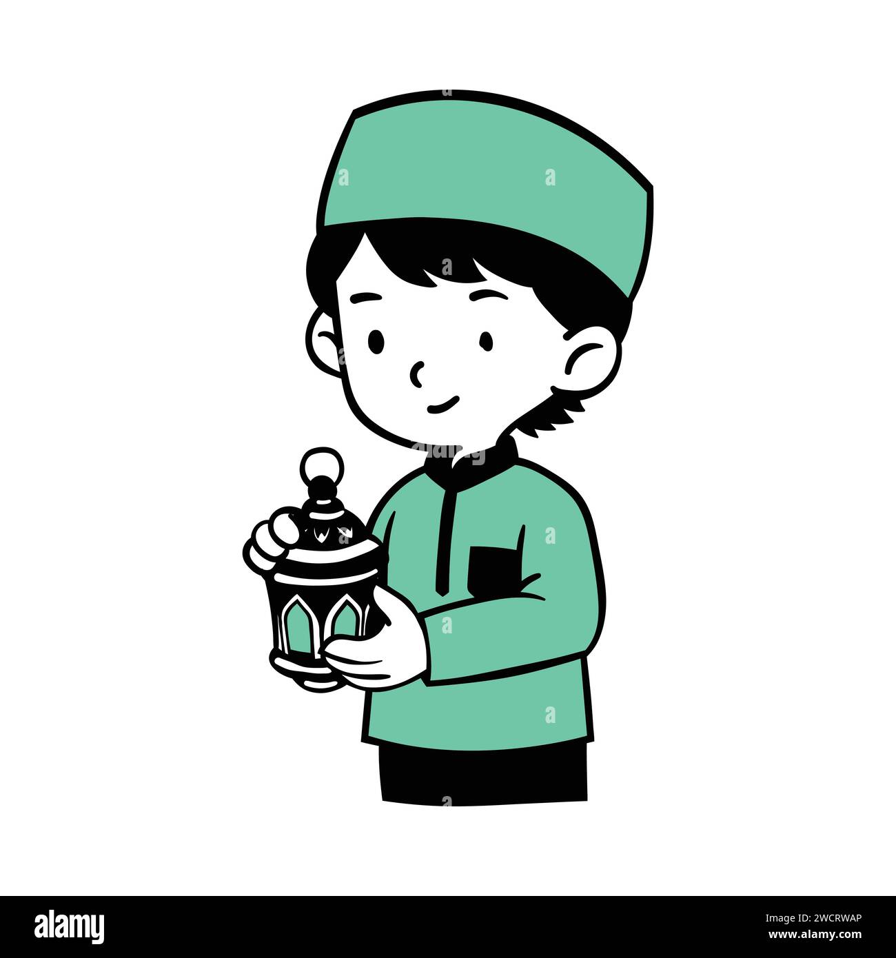 Linienkunstvektor der Gebetszeit im muslimischen Jungen während des Ramadan. Der Segen des Fastens und sein Bruch nach dem Abend. Handgezeichnete Vektorgrafik Stock Vektor