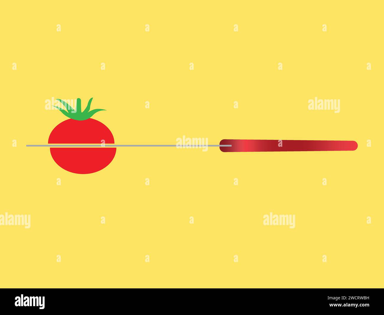 Schneidet eine Tomate mit einem Messer in zwei Hälften Stock Vektor