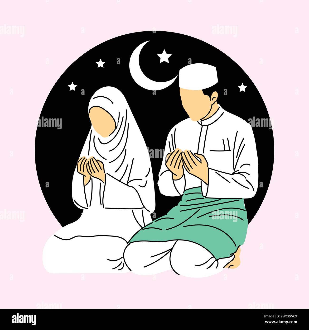 Linienkunstvektor der Gebetszeit in muslimischer Familie während des Ramadan. Der Segen des Fastens und sein Bruch nach dem Abend. Handgezeichnete Vektorgrafik Stock Vektor
