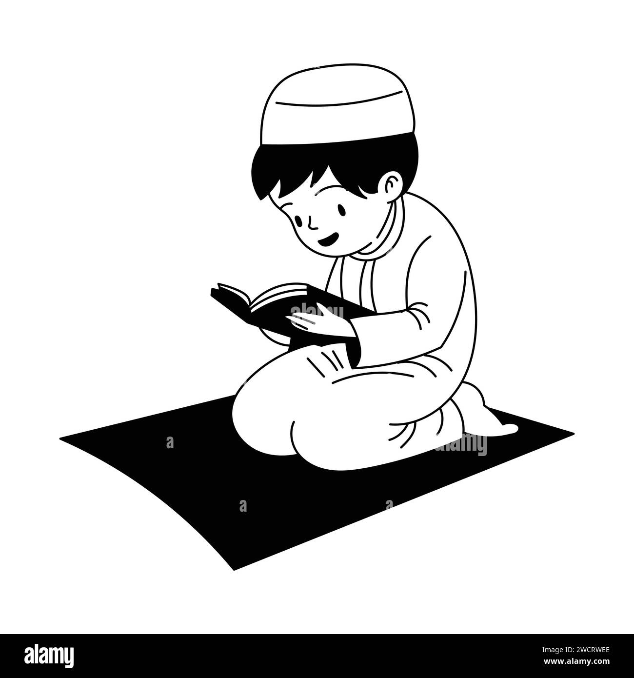 Linienkunstvektor der Gebetszeit im muslimischen Jungen während des Ramadan. Der Segen des Fastens und sein Bruch nach dem Abend. Handgezeichnete Vektorgrafik Stock Vektor