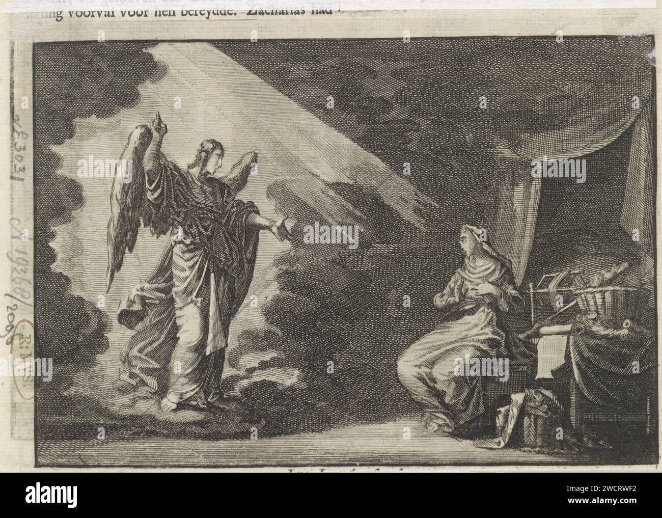 Verkündigung, Jan Luyken, 1703 - 1762 Print Maker: Haarlem Verlag: Amsterdam Papier Ätzen die Verkündigung: Maria, die normalerweise liest, wird vom Engel besucht (manchmal hört eine Frau das Gespräch) Stockfoto