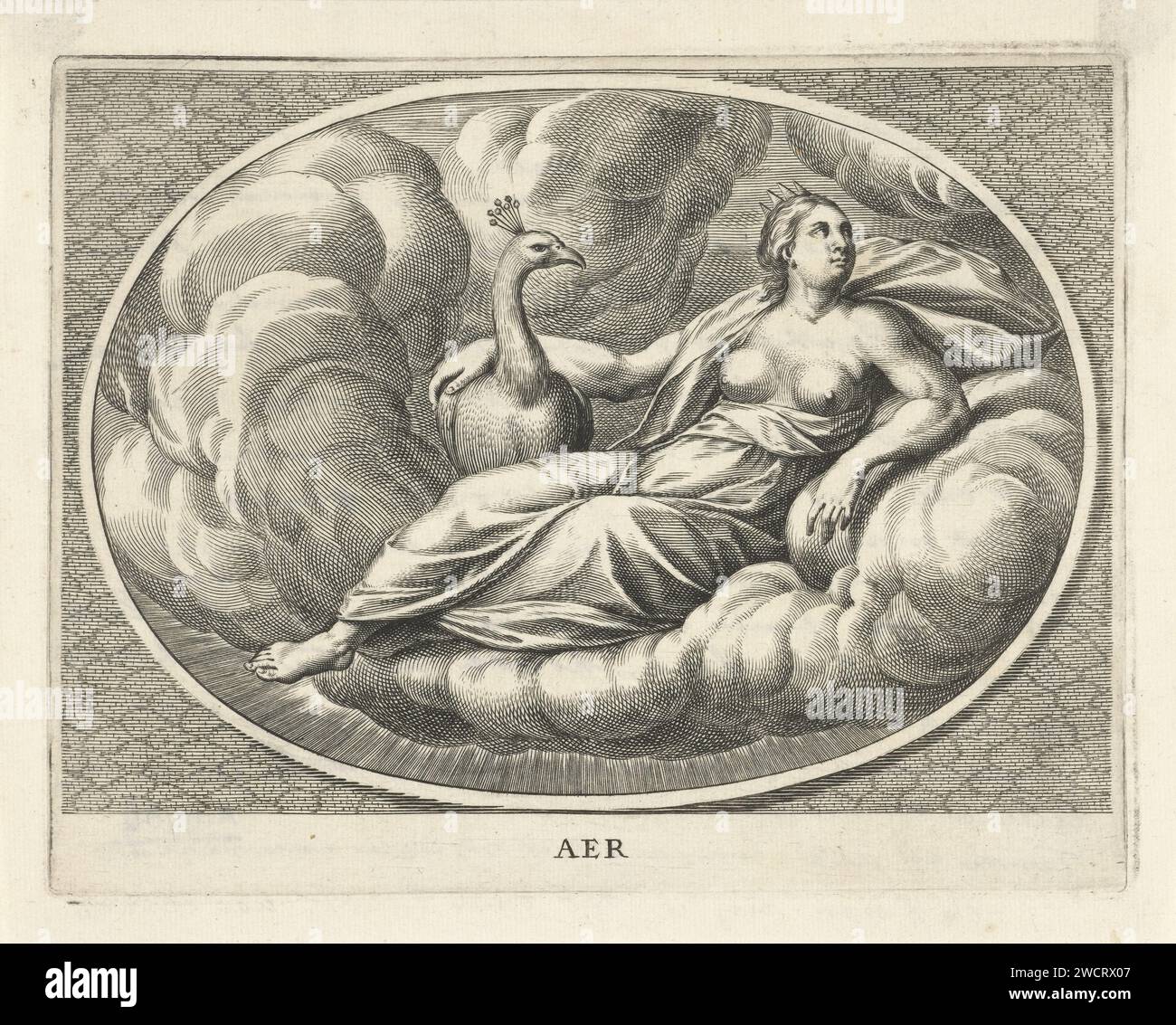 Weibliche Personifikation des Elements Air als Godin Juno mit Pauw, Cornelis van Dalen (II), 1648–1664 Druck Amsterdam Papier Gravur Air (eines der vier Elemente). (Geschichte von) Juno (Hera) Stockfoto