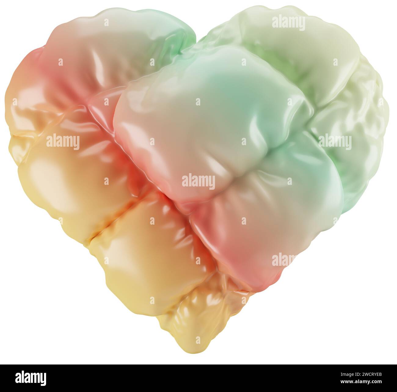 3D Render bunte Herzillustration, aufgeblähter abstrakter Herzballon Clipart Stockfoto