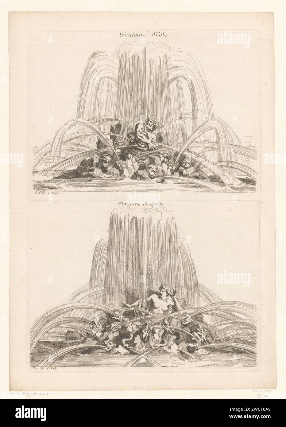 Fonteinen stellt Aeolus in Scylla, Louis de Châtillon, nach Charles Le Brun, 1672–1686 zwei Springbrunnen auf ein Blatt drucken. Oben: Ein Brunnen mit Aeolus, Hüter der Winde, mit einem Beutel der vier Winde auf Felsen. Um ihn herum Wasser-Spionage Gesichter. Unten: Ein Brunnen mit der Nymphe Scylla auf Felsen. Um ihr Wasser herum - Schlangen und Tierköpfe ausspionieren. Pariser Papiergravur mit dekorativem Brunnen. (Geschichte) Aeolus, Wächter der Winde; 'Eolo' (Ripa). (Story of) Scylla Versailles Stockfoto