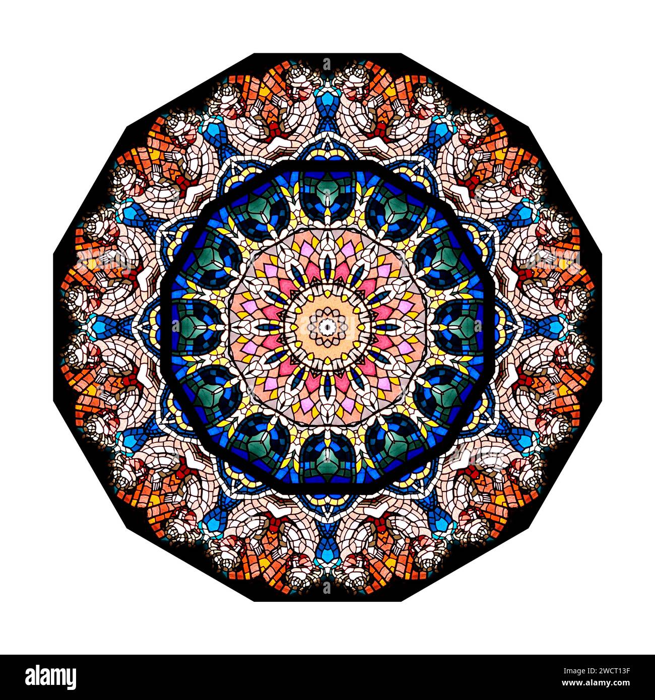Kaleidoscop - abstraktes Bild durch mehrfache Spiegelung des Buntglasfensters Stockfoto