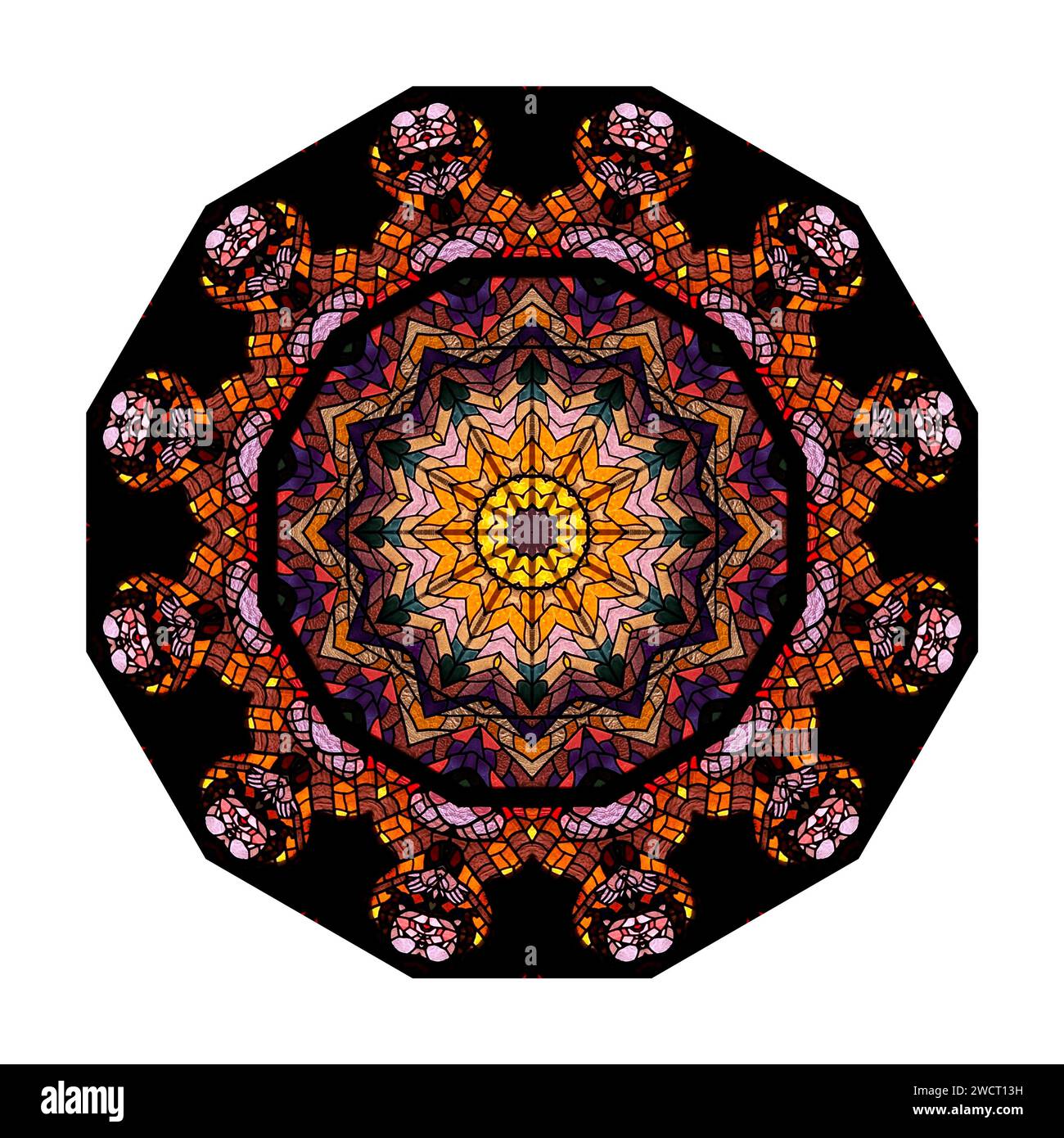 Kaleidoscop - abstraktes Bild, das durch mehrfache Spiegelung des gefärbten Fensters erstellt wird Stockfoto