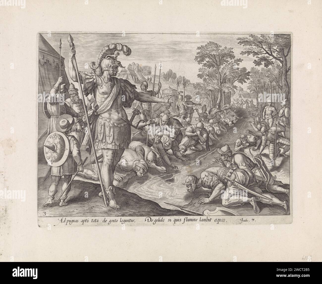 Auswahl von Gideons Männern, Maerten de Vos, 1585 Druck Gideon brachte seine Männer ins Wasser und lässt sie trinken. Er nimmt diejenigen mit, die das Wasser mit ihrer Zunge lecken, in den Kampf. Die Männer, die knien, um das Wasser zu trinken, werden nach Hause geschickt. Unter der Abbildung ist ein Verweis auf den Bibeltext in Ri in lateinischer Sprache zu sehen. 7. Antwerpener Papier, in dem diejenigen graviert sind, die Wasser mit der Hand an den Mund legen, sind von denen getrennt, die sich niederknien, um das Wasser zu trinken Stockfoto