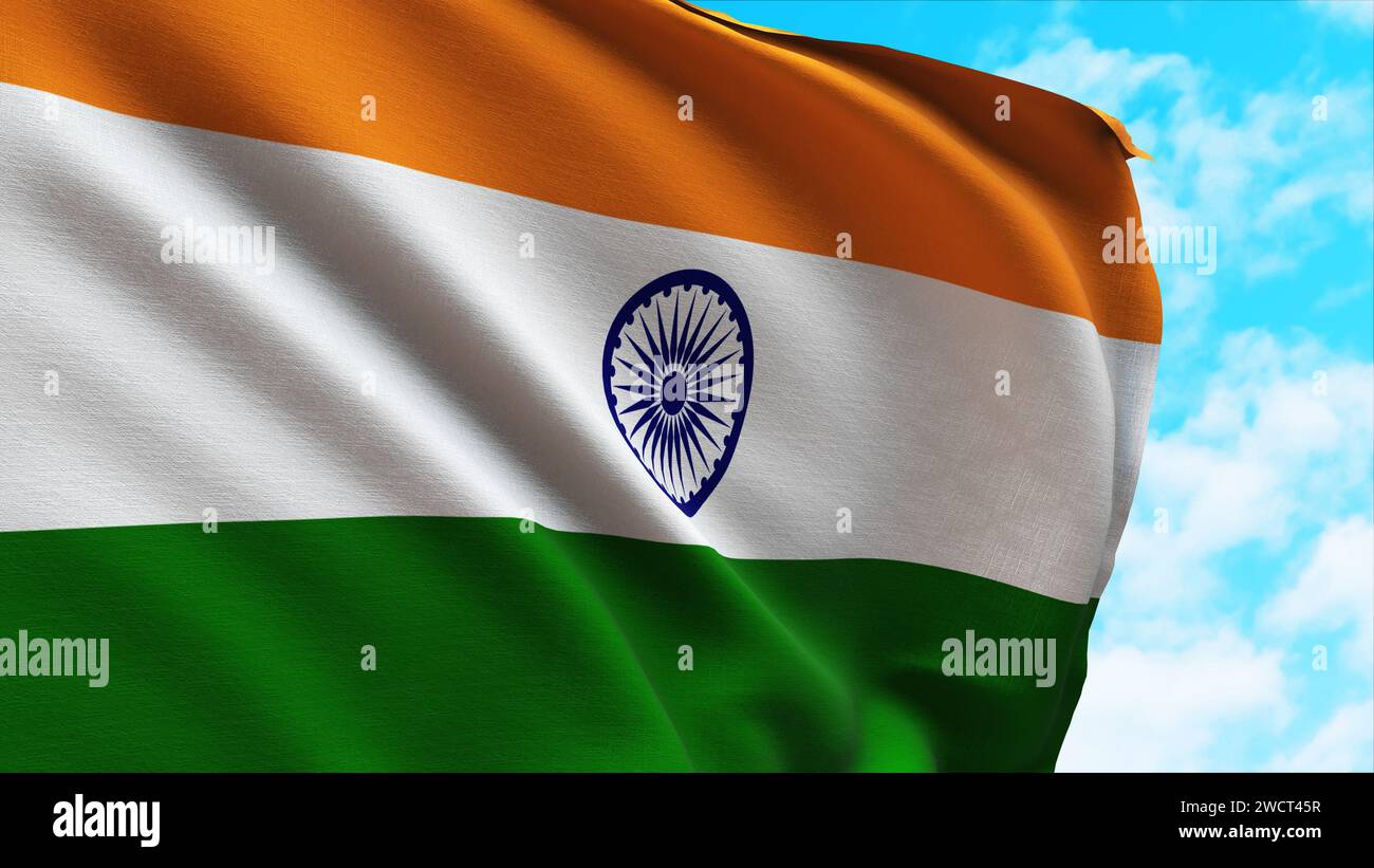 Nahaufnahme der Nationalflagge Indiens, die im Wind winkt Stockfoto