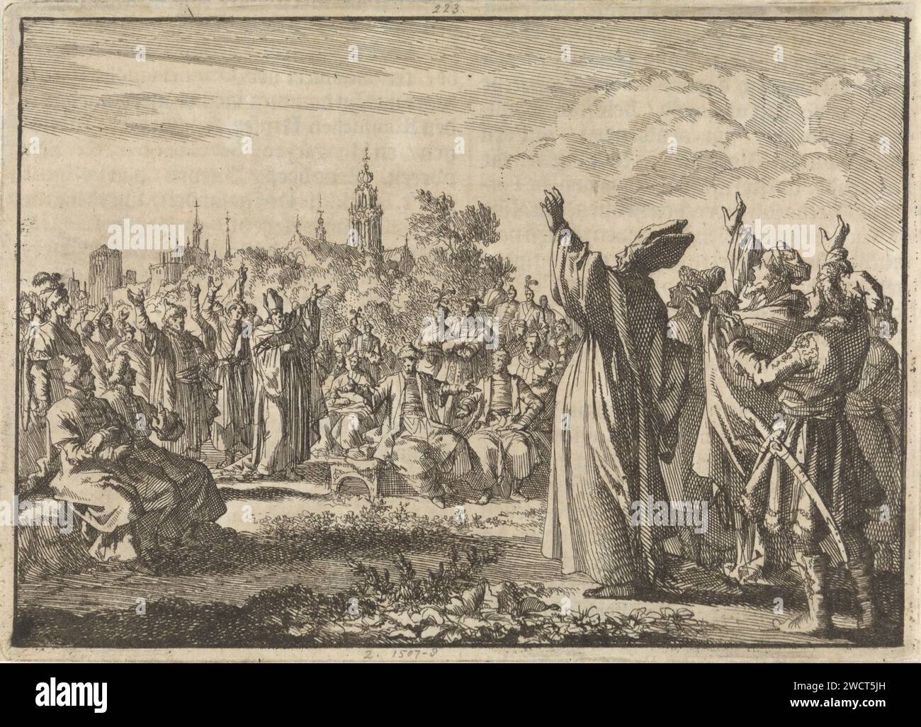 Polnischer Reichstag, in dem der starke und durch die andere Partei Frans Lodewijk von Bourbon-Conti von einer Partei zum König erklärt wird, II. August 1697, Jan Luyken, 1698 Druckerei: AmsterdamVerlag: Leiden Papierätzung / Buchdruck Wahl, Wahl eines Herrschers Stockfoto
