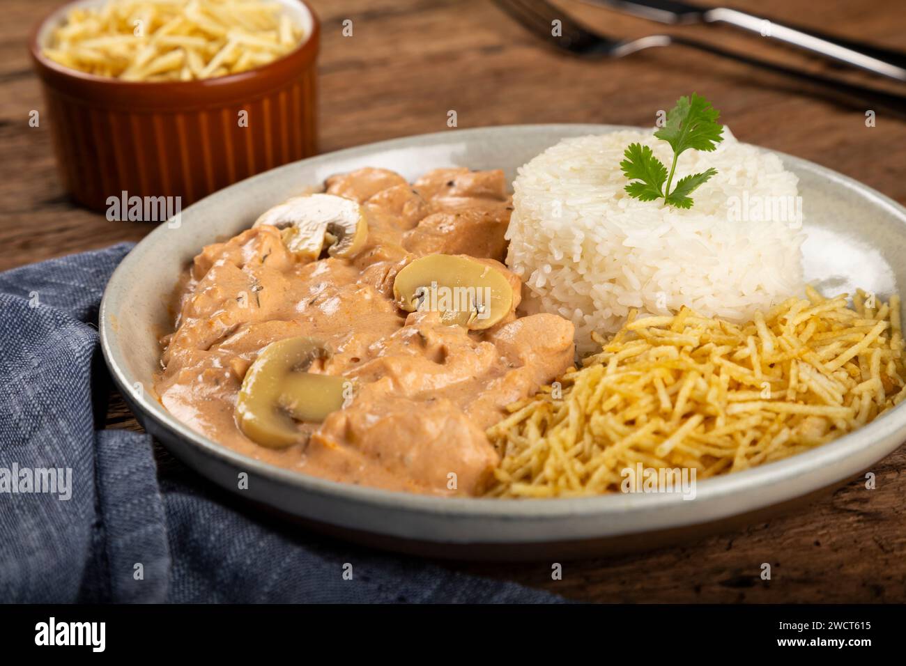 Hühnerstroganoff mit Strohkartoffeln. Stockfoto