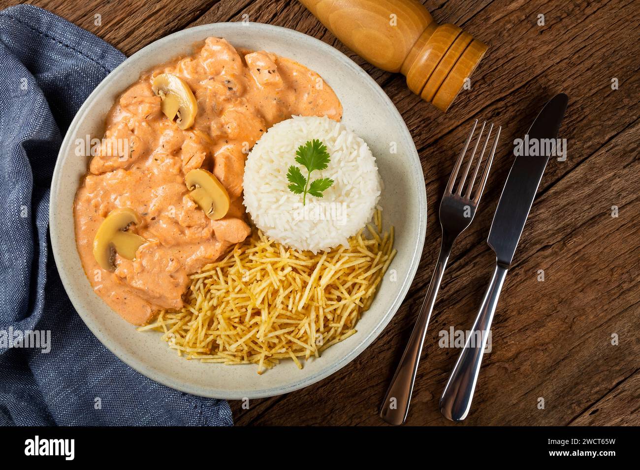 Hühnerstroganoff mit Strohkartoffeln. Stockfoto