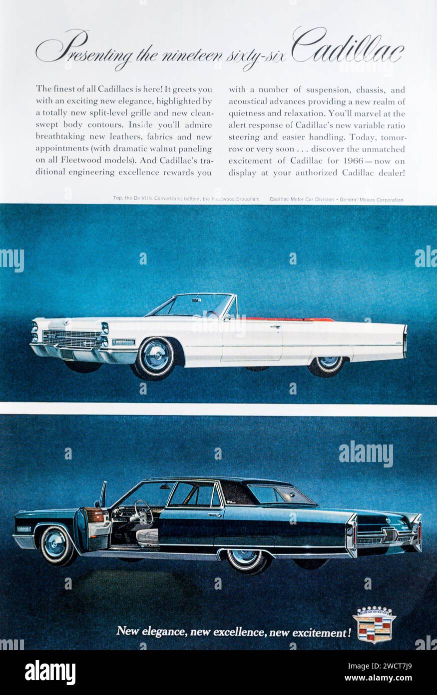 1965 Werbespot für die 1966er Modelle de Ville Cabriolet und Fleetwood Brougham Cadillac. Stockfoto