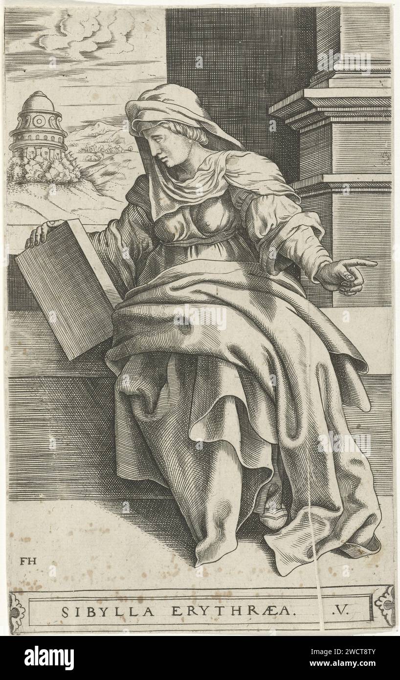 Sibille van Erythrae, Frans Huys, 1546–1562 drucken den Sibille von Erythrae sitzend mit einem Buch in der rechten Hand und mit der linken Hand zeigend. Im Hintergrund links ein rundes Gebäude in einer Landschaft. Der Druck ist Teil einer zehnteiligen Serie über die Sibillen. Antwerpener Papierstich Erythraean sibyl Stockfoto