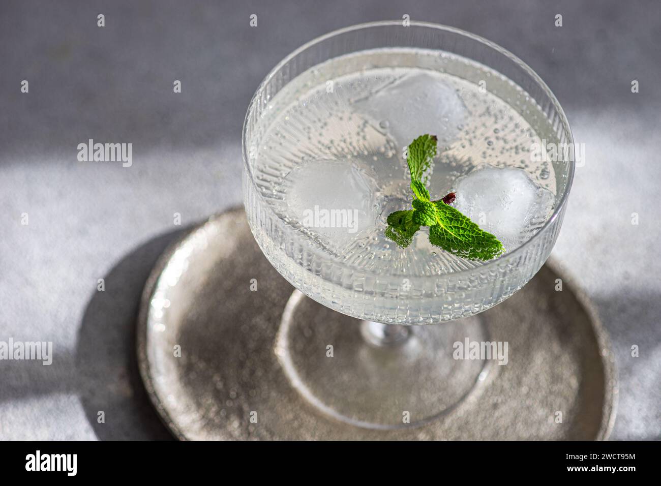 Ein raffinierter Cocktail mit Eis und Minzzweig, wunderschön präsentiert in einem klassischen Vintage-Glas auf einem Metalltablett Stockfoto