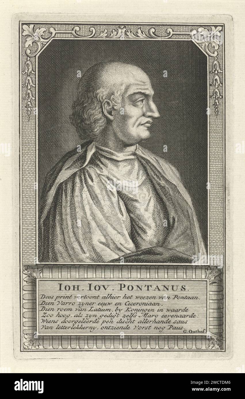 Portret Van Giovanni Gioviano Pontano, Adolf Van der Laan, 1694 - 1755 Druck Porträtbüste rechts von Giovanni Gioviano Pontano, italienischer Schriftsteller und Dichter, barfuß. Um einen Zierrahmen herum, unter dem Porträt der Name des Dargestellten, gefolgt von einer sechszeiligen niederländischen Strophe. Papierätzung/Gravur Stockfoto