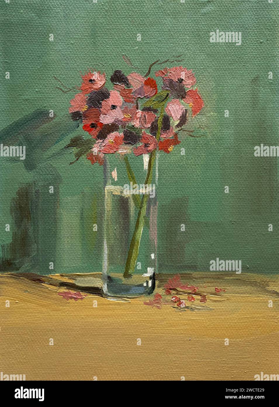 Ein stilllebendes Ölgemälde, abstraktes Kunstwerk mit einer Vase mit Blumen, ideal für eine Wohnkultur Stockfoto