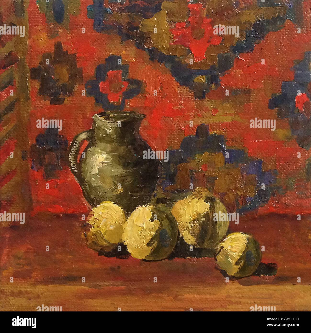 Ein abstraktes Kunstwerk mit Stilleben-Ölgemälde mit einer Kanne und Birnen vor einem orientalischen Teppich, ideal für Wohnkultur Stockfoto