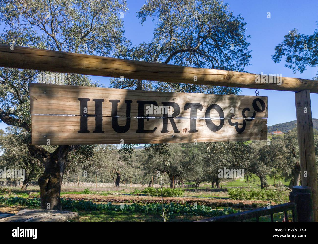 Bio-Küche Garten hängendes Schild auf mediterranem Hintergrund. Spanischsprachige Buchstaben Stockfoto