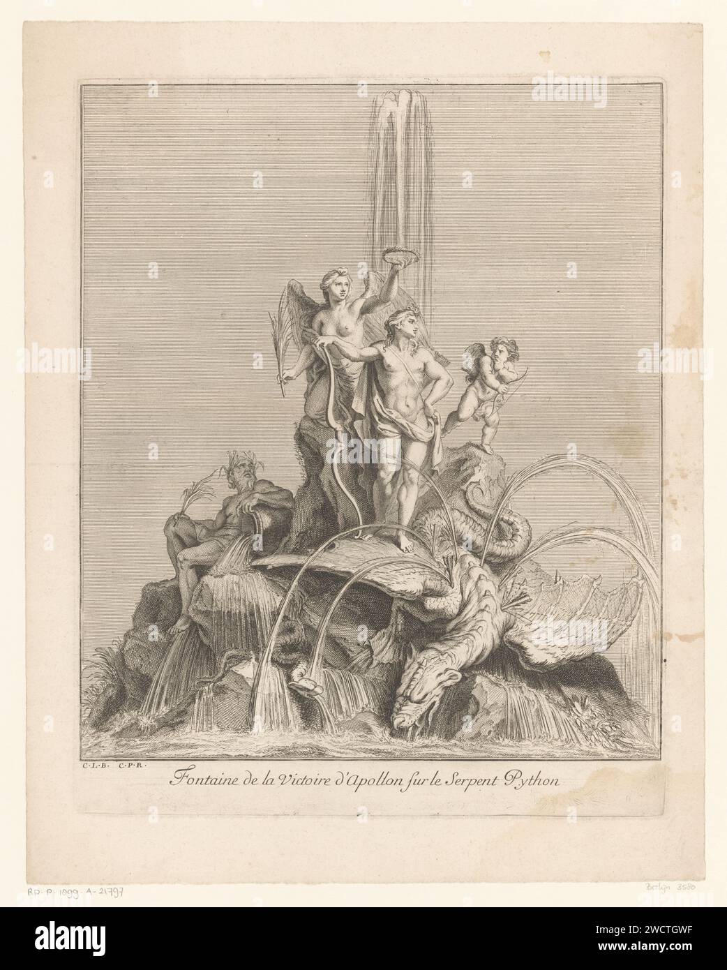 Fontein mit APOLLO-Sieg über Python, Louis de Châtillon, nach Charles Le Brun, 1672–1686 druckte Einen Brunnen mit dem Sieg Apollons über Python. Apollo ist in der Mitte mit seinem Bogen auf einem Flügel des Drachen Python. Auf der linken Seite befindet sich Victoria mit einem Palmenzweig und einem Lorbeerkranz. Rechts ist ein Putto mit Pfeil und Bogen, links ein Flussgott. Pariser Papiergravur mit dekorativem Brunnen. Triumph von Apollo. Apollo erschießt Python, den Drachen Versailles Stockfoto