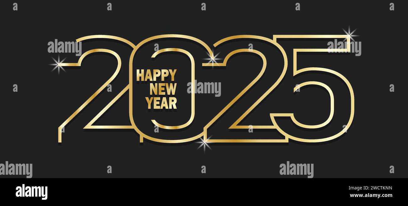 Grußkarte für das neue Jahr 2025. Goldene Zahlen auf schwarzem Hintergrund. Vektorabbildung. Stock Vektor