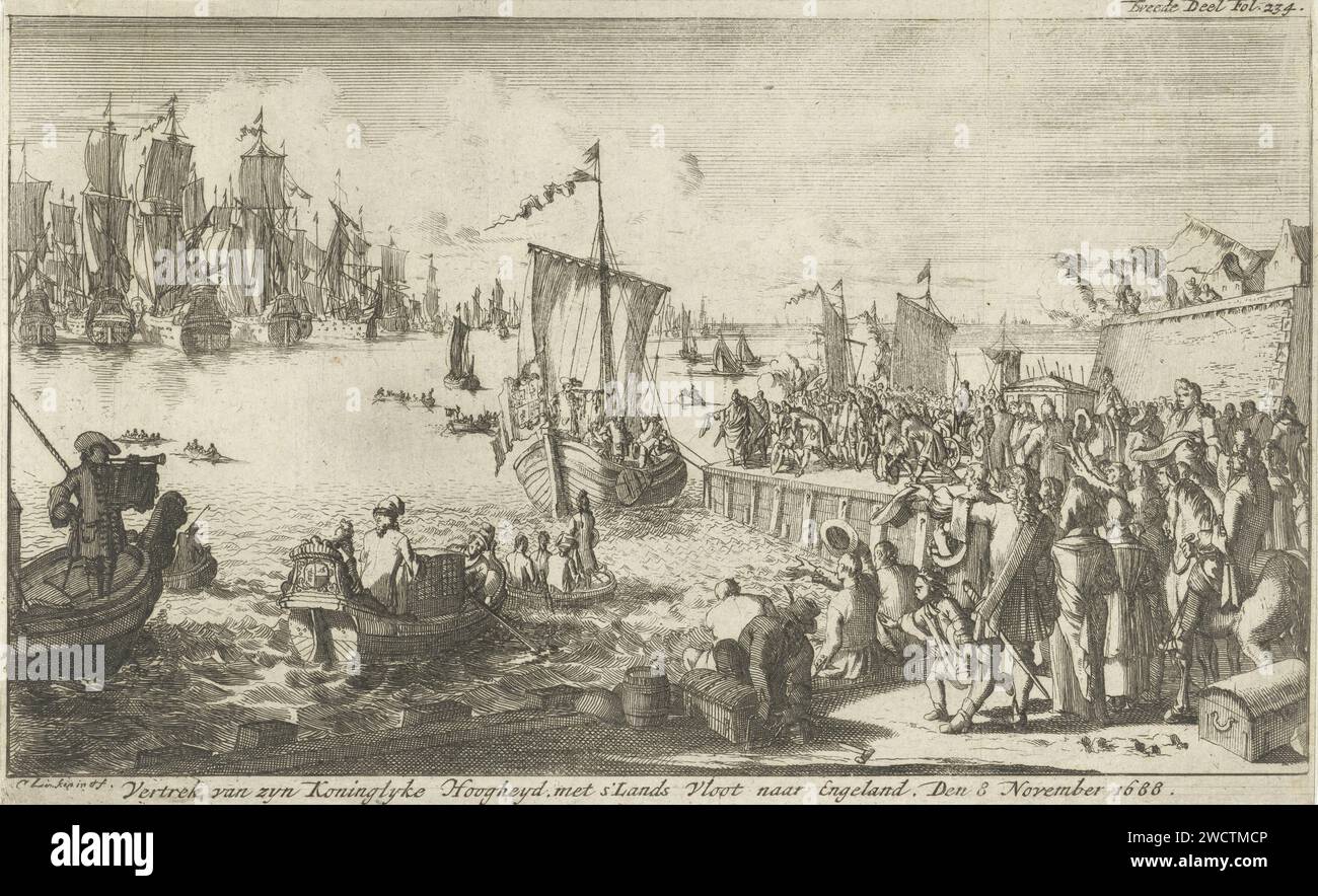 Abfahrt von Willem III. Nach England, 1688, Caspar Luyken, 1694 drucken Prinz Wilhelm III. Verlässt mit der Flotte von Hellevoetsluis nach England, 11. November 1688. Der Prinz wird in einem Ruderboot auf sein Schiff gebracht. Oben rechts markiert: Zweiter Teil fol. 234. Amsterdamer Papierätzung - Reise Hellevoetsluis Stockfoto