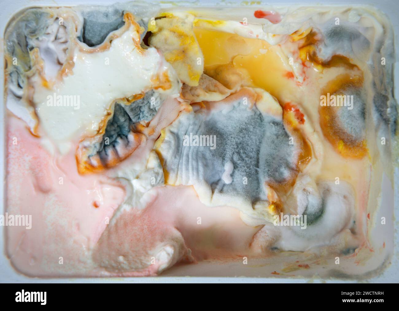 Ein geöffnetes Becher Frischkäse, das sich in einen Pilzbrüter verwandelt hat Stockfoto