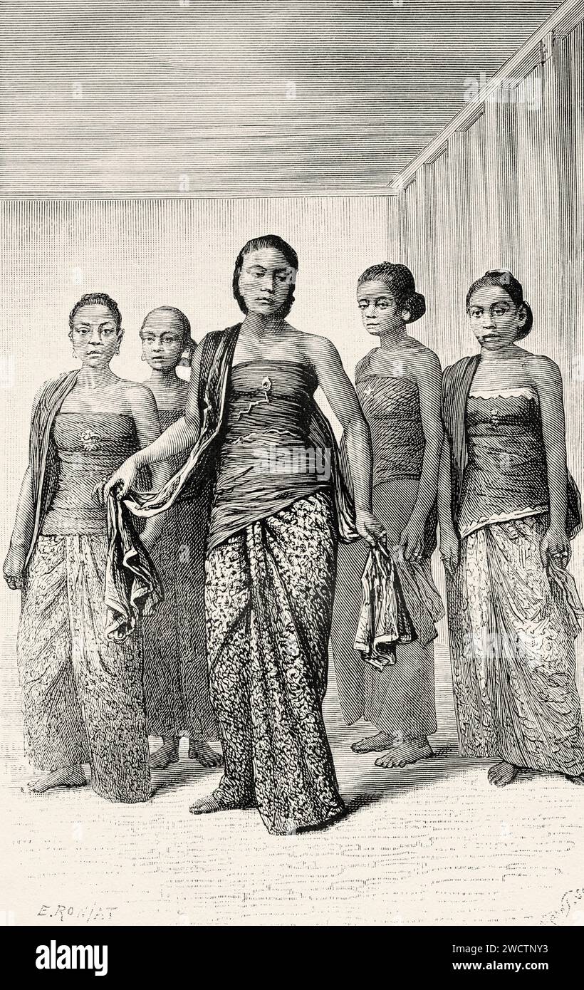 Die javanischen Tänzer, Java Island. Indonesien, Südosten. Sechs Wochen in Java 1879 von Desire Charnay (1828–1915) alter Stich aus dem 19. Jahrhundert aus Le Tour du Monde 1880 Stockfoto