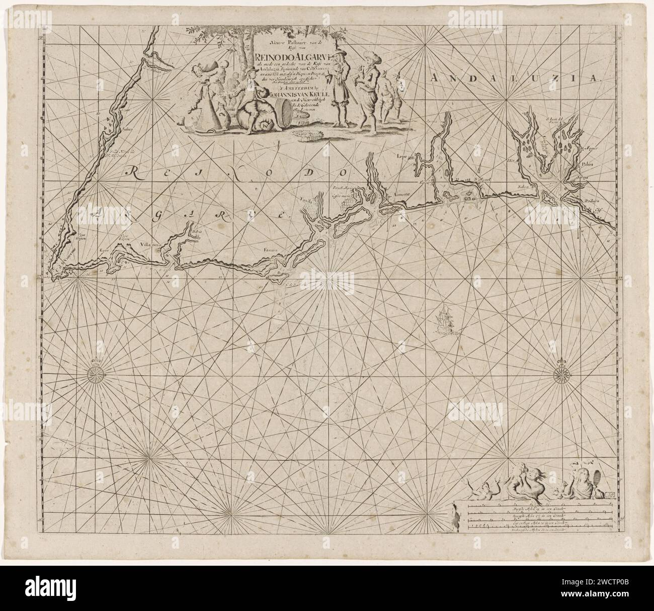 Seekarte eines Teils der Südküste Portugals und Spaniens mit der Algarve und Andalusien, anonym, nach Jan Luyken, 1681 - 1803 drucken Seekarte eines Teils der Südküste Portugals und Spaniens mit der Algarve und Andalusien, mit zwei Kompassrosen, der Norden ist oben. In der Mitte einer Kartusche mit dem Titel und der Adresse des Verlegers, umgeben von einem Seemann und einigen Händlern. Unten rechts eine Meerjungfrau und zwei große Männer im Maßstab, dargestellt in Deutsch, Spanisch und Englisch oder Französisch Meilen (Maßstab: c. 1: 450,000). Amsterdam Papiergravur / Ätzer Seemann. Verhandeln. Merman - AA - m Stockfoto