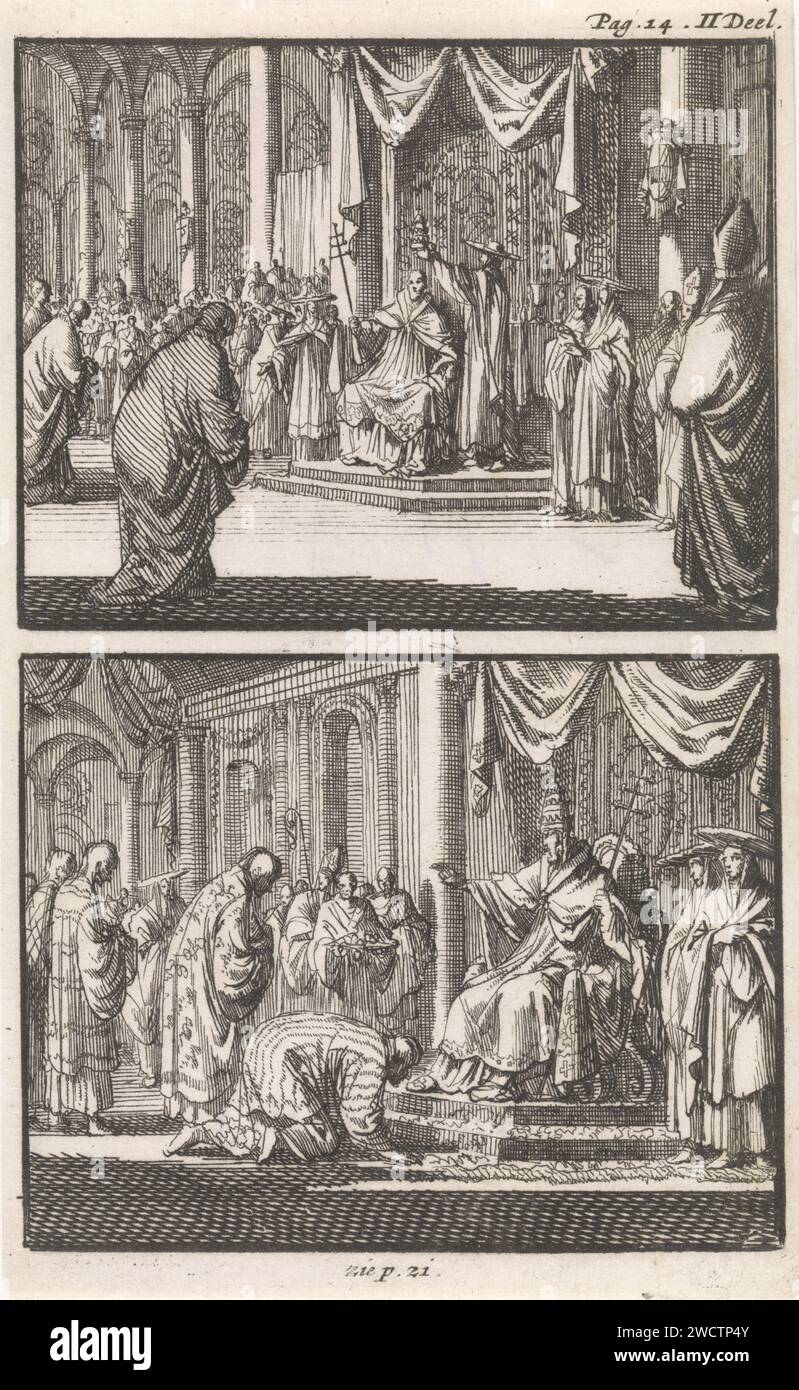 Papst Sixtus V. mit einer Tiara gekrönten / japanische Gesandte begrüßten Papst Sixtus V., Jan Luyken, 1697 drucken zwei Aufführungen einer Platte, markiert oben rechts: S. 14. Teil II. Weiter unten: Siehe S. 21. Amsterdamer Papierätzung der päpstlichen Krönung. papst gibt eine Audienz Stockfoto