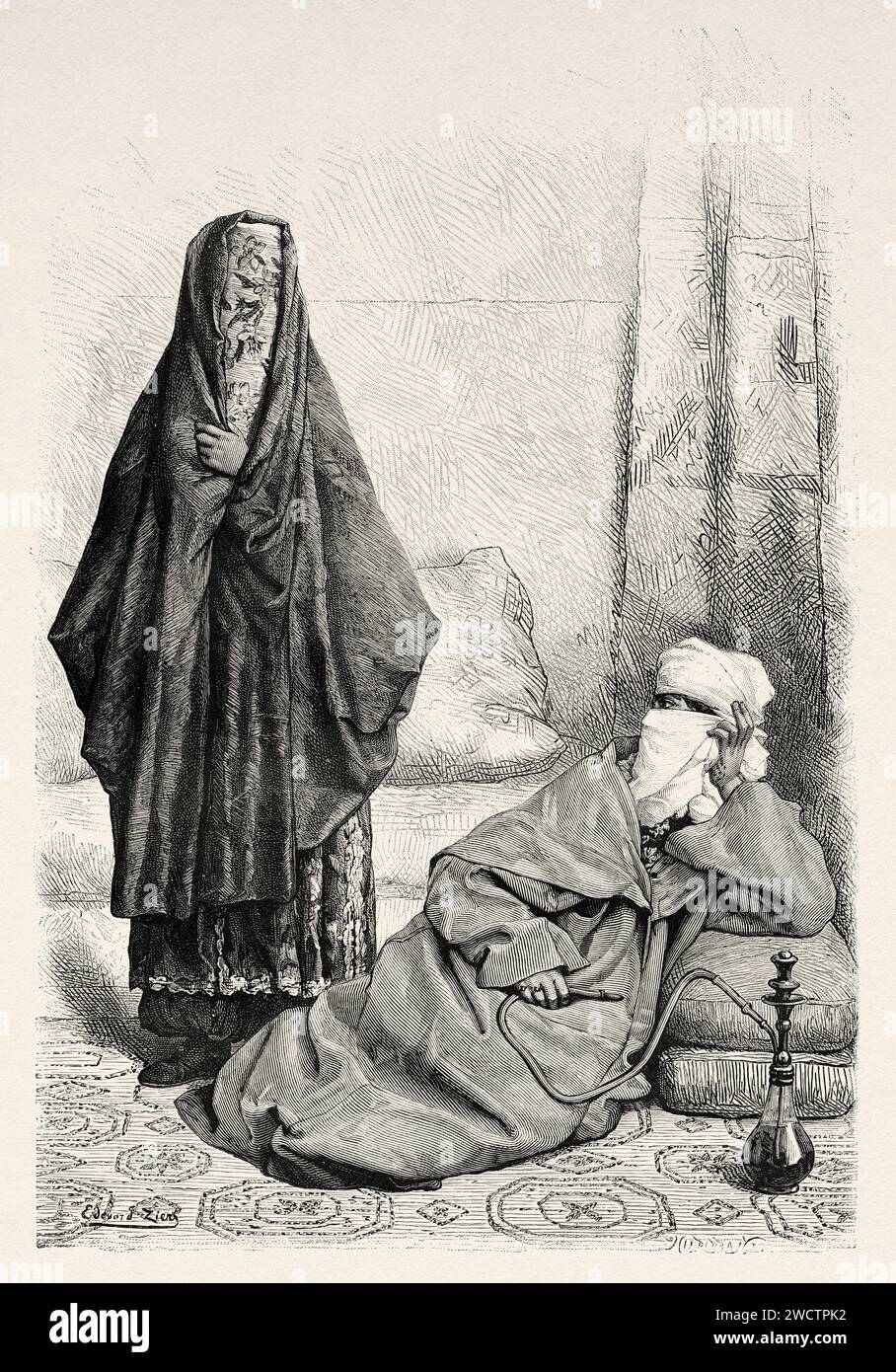 Frauen in traditioneller, typischer Kleidung in Latakia. Reisen Sie 1875-1878 nach Syrien von Charles Louis Lortet (1836 - 1909) Gravur aus dem 19. Jahrhundert aus Le Tour du Monde 1880 Stockfoto