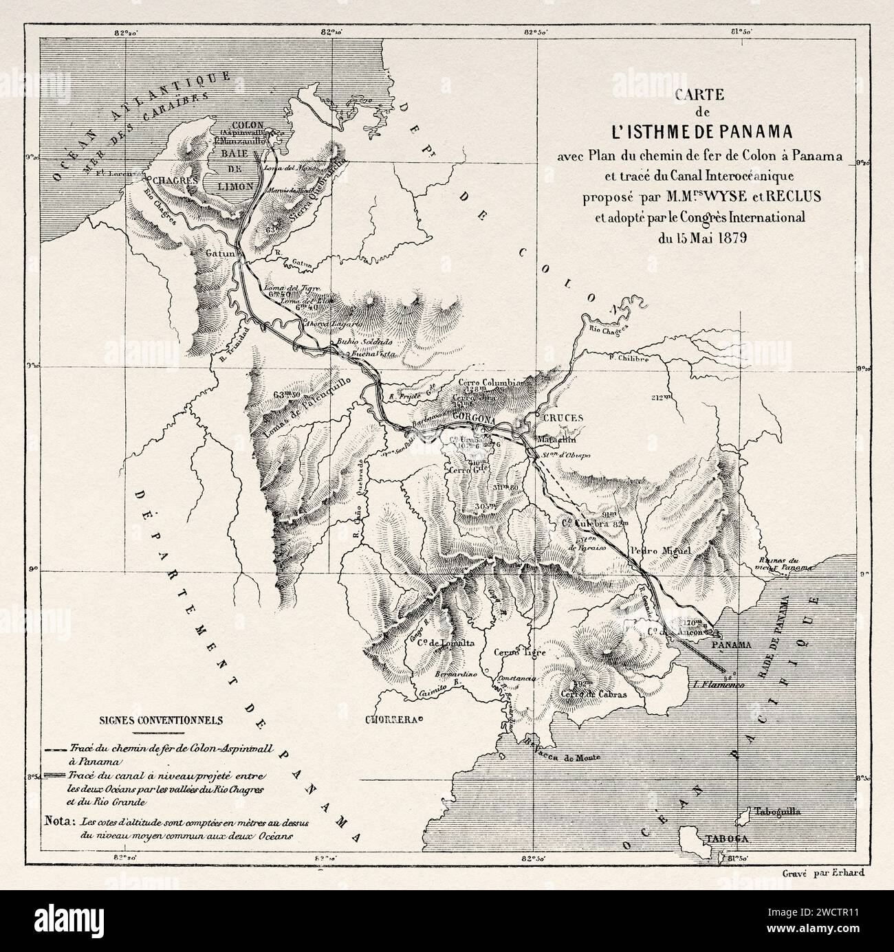 Karte des Isthmus von Panama mit Plan of the Railroad from Colon to Panama und Trace of the Interoeanic Canal, der von Wyse und Reclus vorgeschlagen und vom Internationalen Kongress vom 15. Mai 1879 angenommen wurde. Republik Panama. Zentralamerika. Erkundungen im Isthmus von Panama und Darien 1876-1878 von Armand Reclus (1843–1927) Stich aus dem 19. Jahrhundert aus Le Tour du Monde 1880 Stockfoto