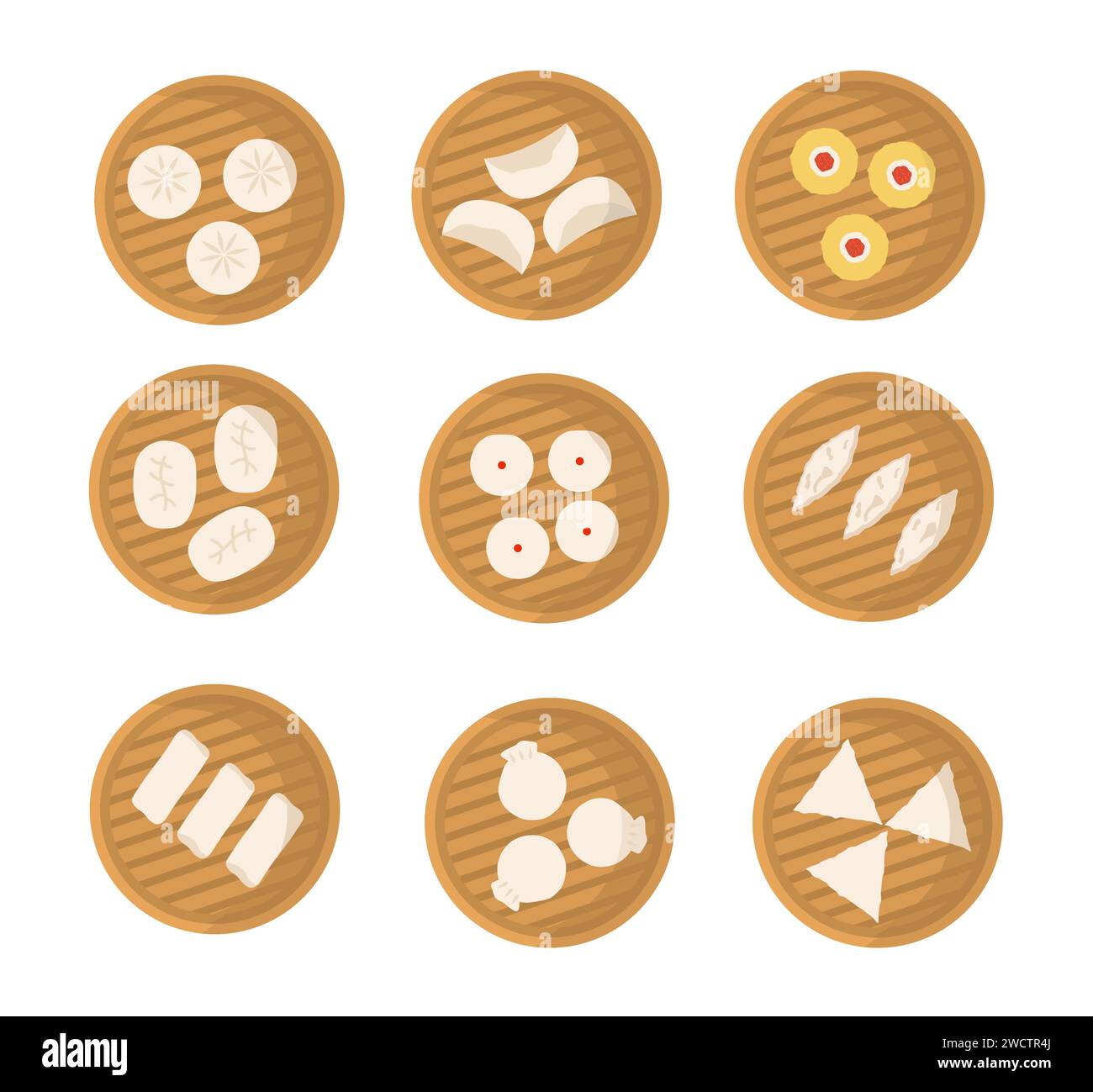 Satz japanischer oder chinesischer Teigtaschen in Bambusdampfer. Dimsum, Baozi, Bao. Vektor flache Zeichentrickillustration. Asiatische Küche. Menü. Stock Vektor