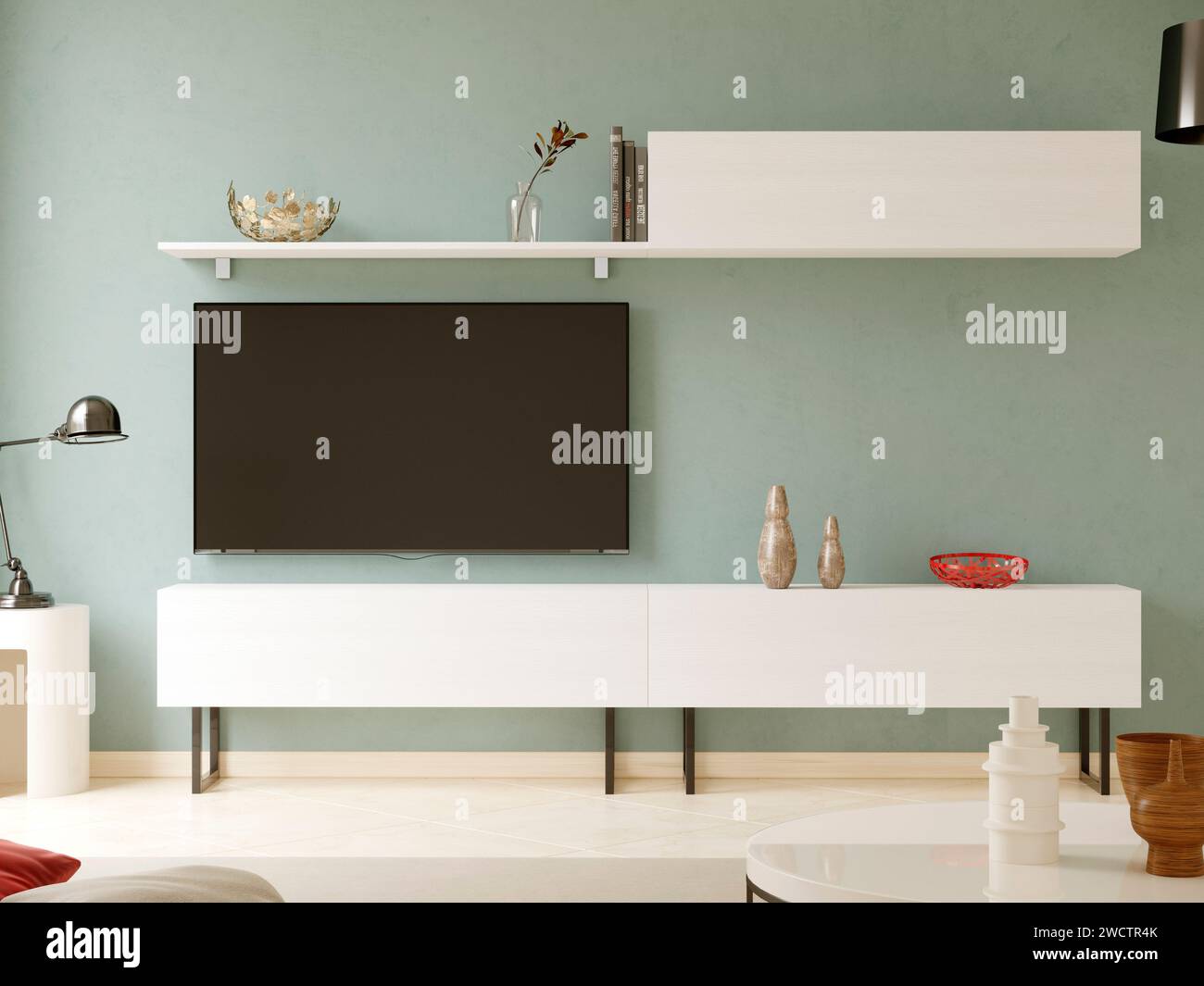 Modernes Wohnzimmer mit minimalistischem Stil und hellen Tönen, Vintage, youtube, Web, Boho, WhatsApp ohne künstliche Intelligenz. Stockfoto