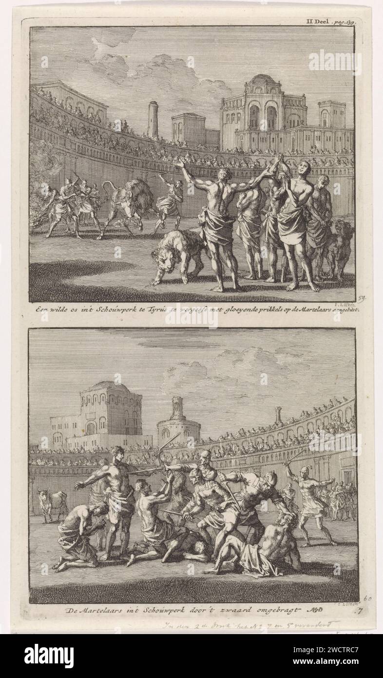 Frühchristliche Märtyrer in einer römischen Arena und frühchristliche Märtyrer, die in einer Arena abgeschlachtet werden, Jan Luyken, 1701 drucken zwei Aufführungen auf einem Teller. Oben: Eine römische Arena mit einigen frühchristlichen Märtyrern im Vordergrund. Ein paar Löwen um die Christen herum. Im Hintergrund versuchen Soldaten, den Christen einen Stier mit heißen Poker-Eisen zu zeigen. In einer römischen Arena wird eine Gruppe frühchristlicher Märtyrer von römischen Soldaten mit Schwertern getötet. Amsterdamer Papier, in dem die frühchristlichen Kirchen, z.B. Armenier, Kopten, Syrer, geätzt werden. Bull. Raubtiere, Raubtiere: Löwe. Märtyrer Stockfoto