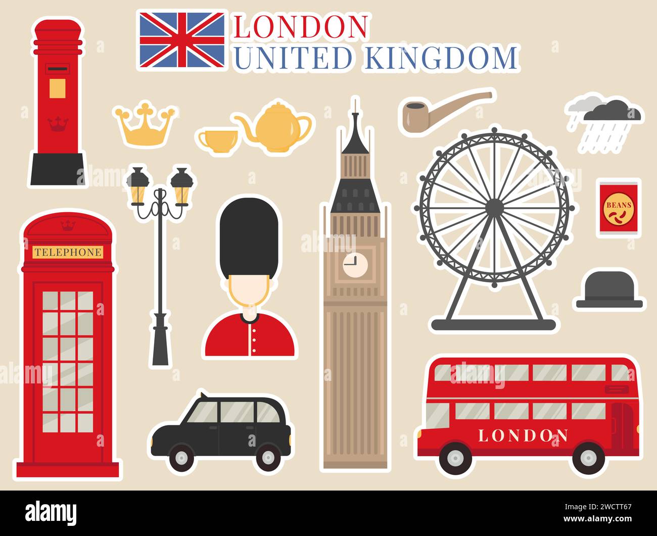 Flache Vektoraufkleber Set mit kulturellen Symbolen von Großbritannien. Rote Telefonzelle, königlicher Wachmann, Teekanne, Big Ben, Doppeldeckerbus und London ta Stock Vektor