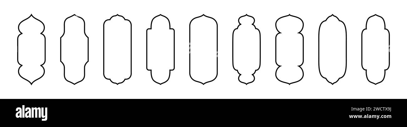 Islamische Rahmenformen. Bogengrenzen für den Monat Ramadan. Design isolierter Vektorlinearen Ornamente auf weißem Hintergrund. Stock Vektor