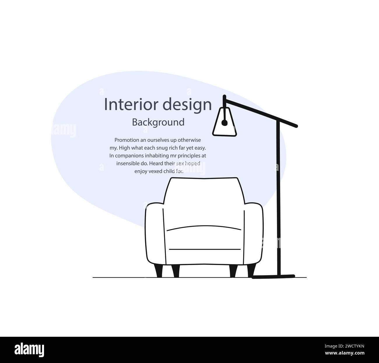 Innenarchitektur Wohnkontur Komposition von Sessel und Stehlampe mit hellblauem Raum im Hintergrund und Text. Bearbeitbar. Stock Vektor