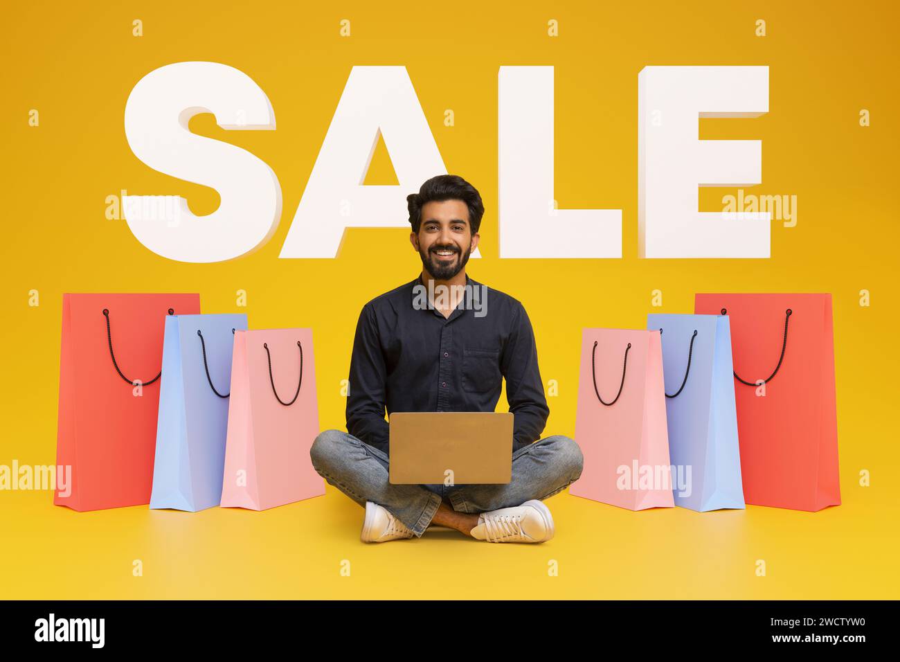 Happy Indian Man Buyer Macht Online-Kauf Auf Laptop, Collage Stockfoto